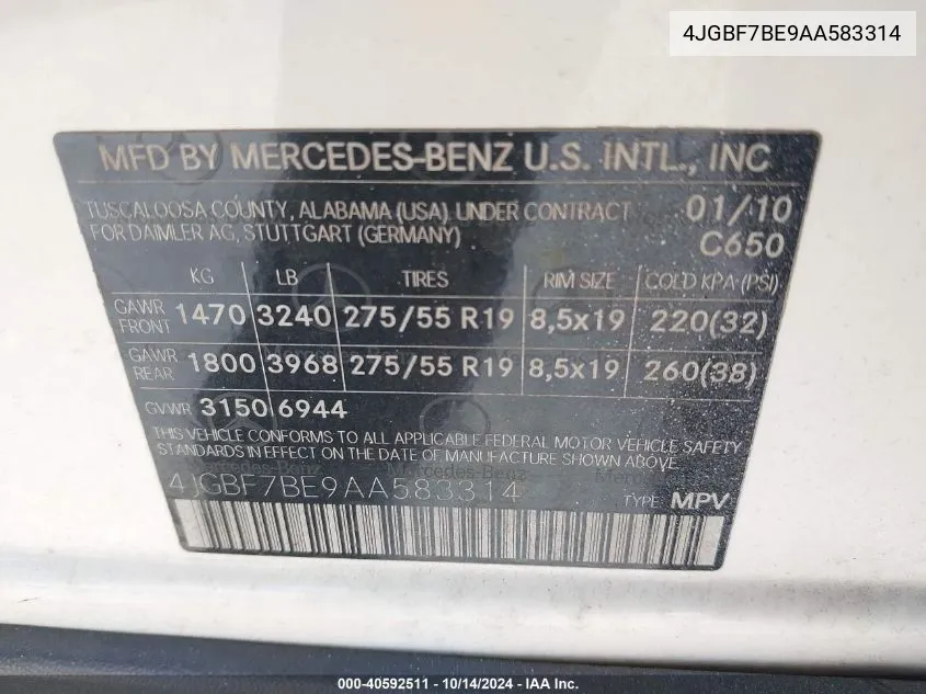 2010 Mercedes-Benz Gl 450 4Matic VIN: 4JGBF7BE9AA583314 Lot: 40592511