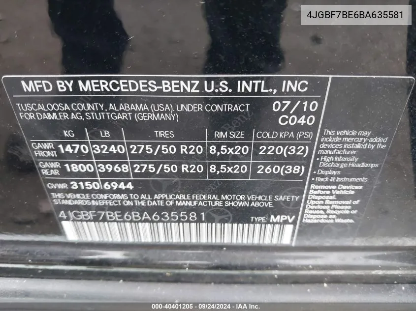 2011 Mercedes-Benz Gl 450 4Matic VIN: 4JGBF7BE6BA635581 Lot: 40401205