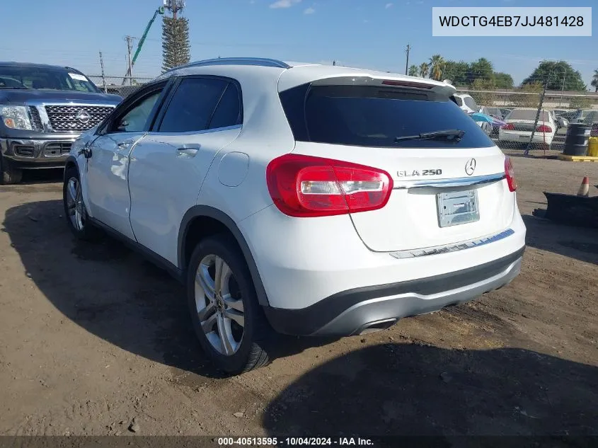 2018 Mercedes-Benz Gla 250 VIN: WDCTG4EB7JJ481428 Lot: 40513595