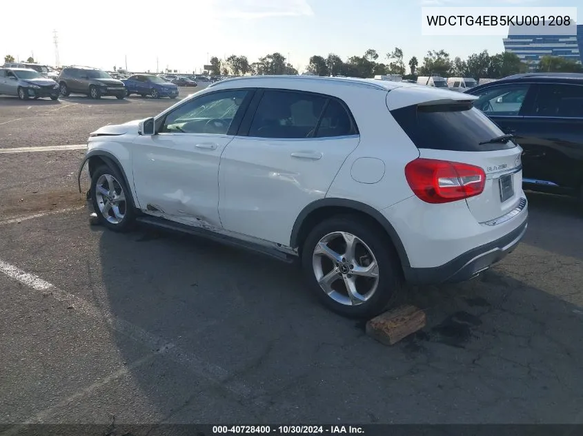 2019 Mercedes-Benz Gla 250 VIN: WDCTG4EB5KU001208 Lot: 40728400