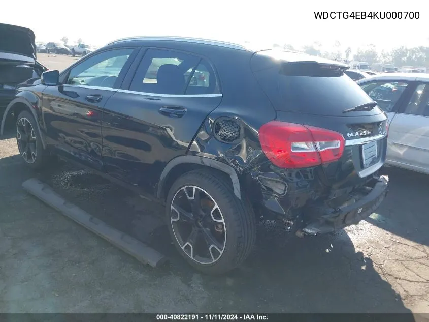 2019 Mercedes-Benz Gla 250 VIN: WDCTG4EB4KU000700 Lot: 40822191