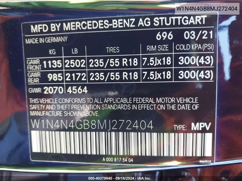 2021 Mercedes-Benz Gla 250 VIN: W1N4N4GB8MJ272404 Lot: 40379840