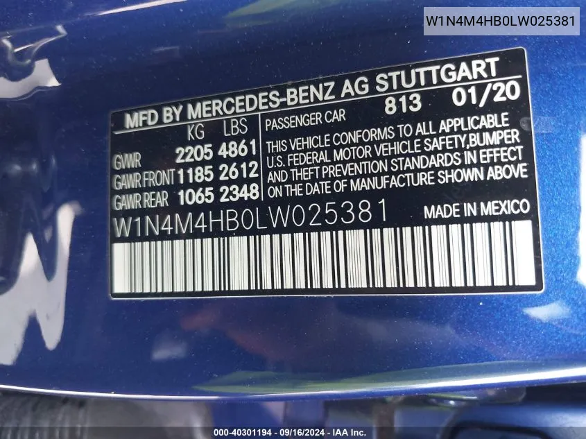 2020 Mercedes-Benz Glb 250 4Matic VIN: W1N4M4HB0LW025381 Lot: 40301194