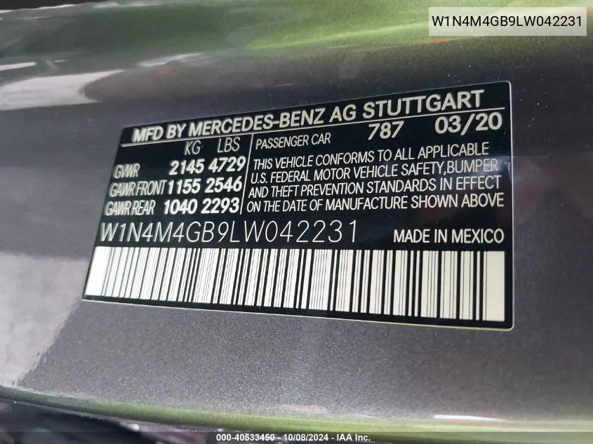 2020 Mercedes-Benz Glb 250 VIN: W1N4M4GB9LW042231 Lot: 40533450