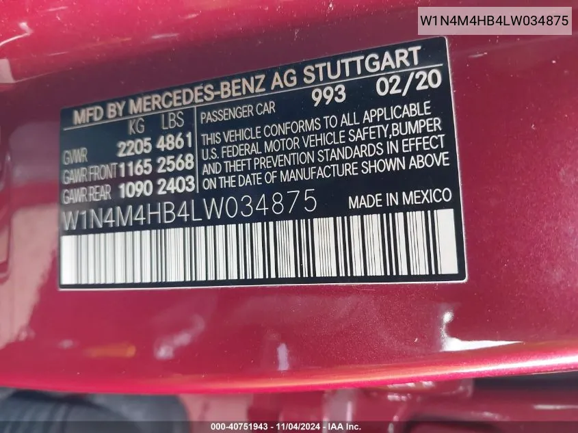 2020 Mercedes-Benz Glb 250 4Matic VIN: W1N4M4HB4LW034875 Lot: 40751943