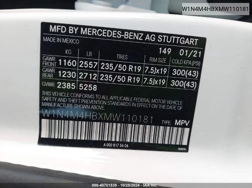 2021 Mercedes-Benz Glb 250 4Matic VIN: W1N4M4HBXMW110181 Lot: 40701539