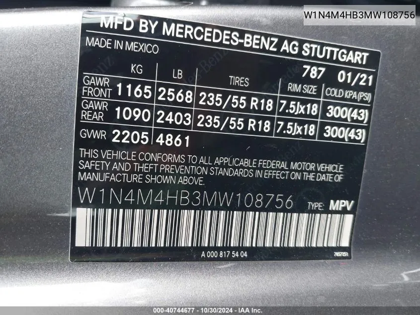 2021 Mercedes-Benz Glb 250 4Matic VIN: W1N4M4HB3MW108756 Lot: 40744677