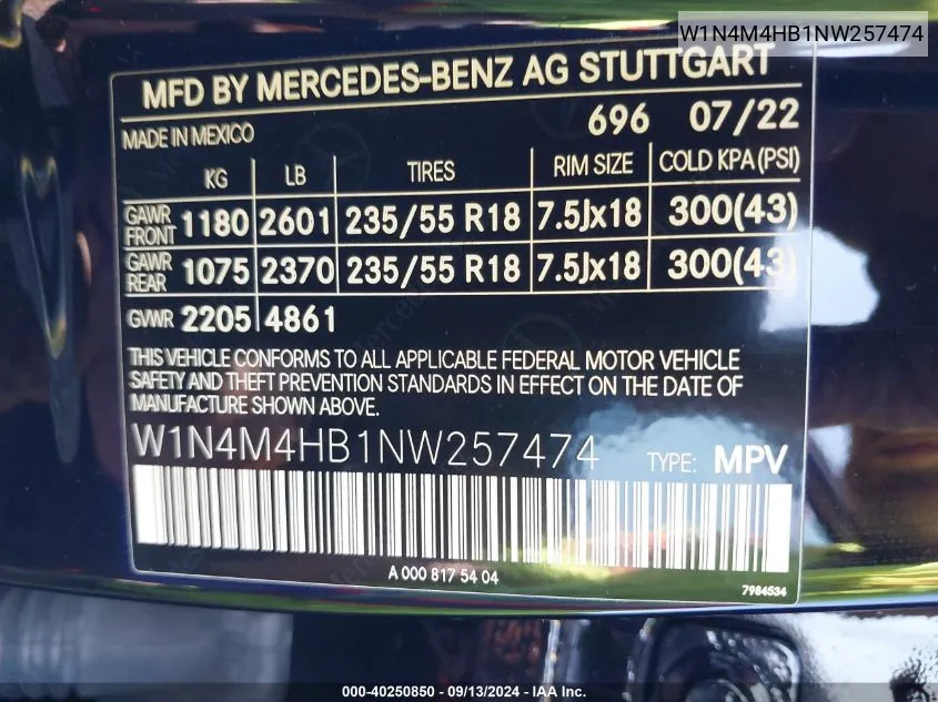 2022 Mercedes-Benz Glb 250 250 4Matic VIN: W1N4M4HB1NW257474 Lot: 40250850