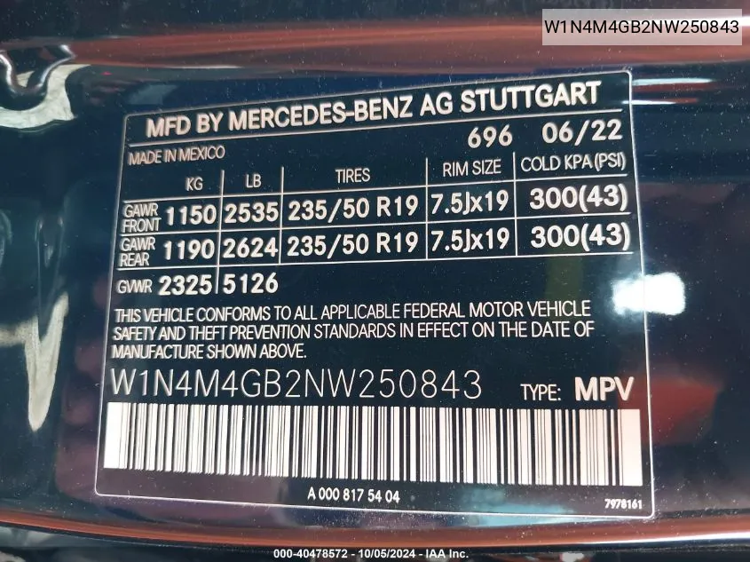 2022 Mercedes-Benz Glb 250 VIN: W1N4M4GB2NW250843 Lot: 40478572