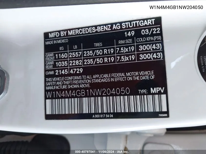 2022 Mercedes-Benz Glb 250 VIN: W1N4M4GB1NW204050 Lot: 40797041