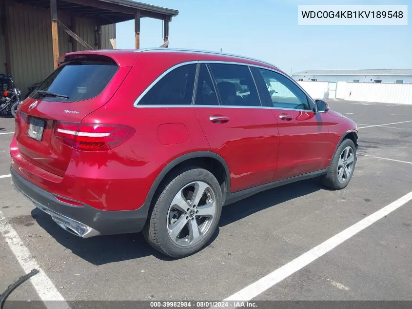 2019 Mercedes-Benz Glc 300 4Matic VIN: WDC0G4KB1KV189548 Lot: 39982984