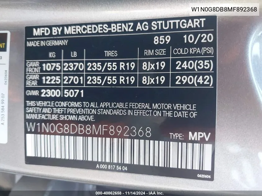 2021 Mercedes-Benz Glc 300 Suv VIN: W1N0G8DB8MF892368 Lot: 40862658