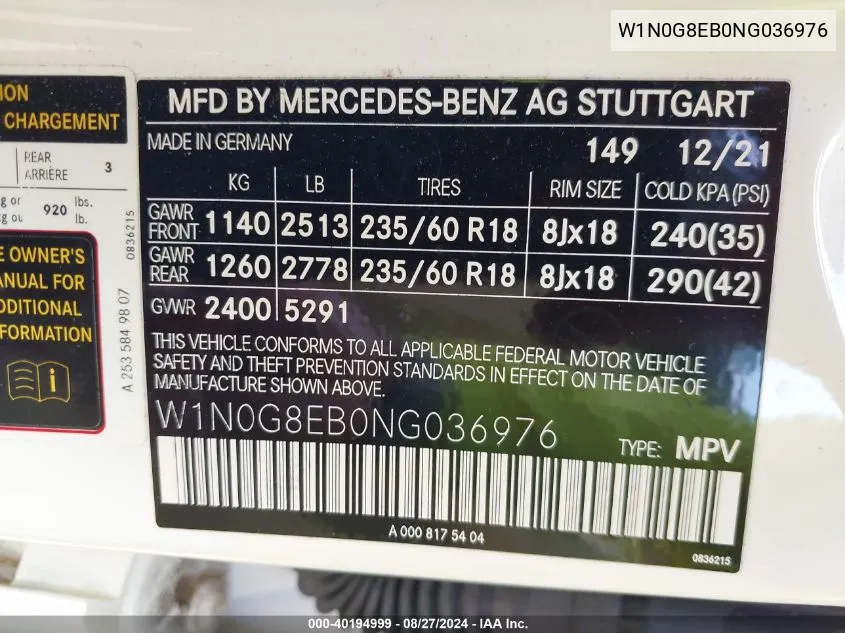 2022 Mercedes-Benz Glc 300 4Matic Suv VIN: W1N0G8EB0NG036976 Lot: 40194999