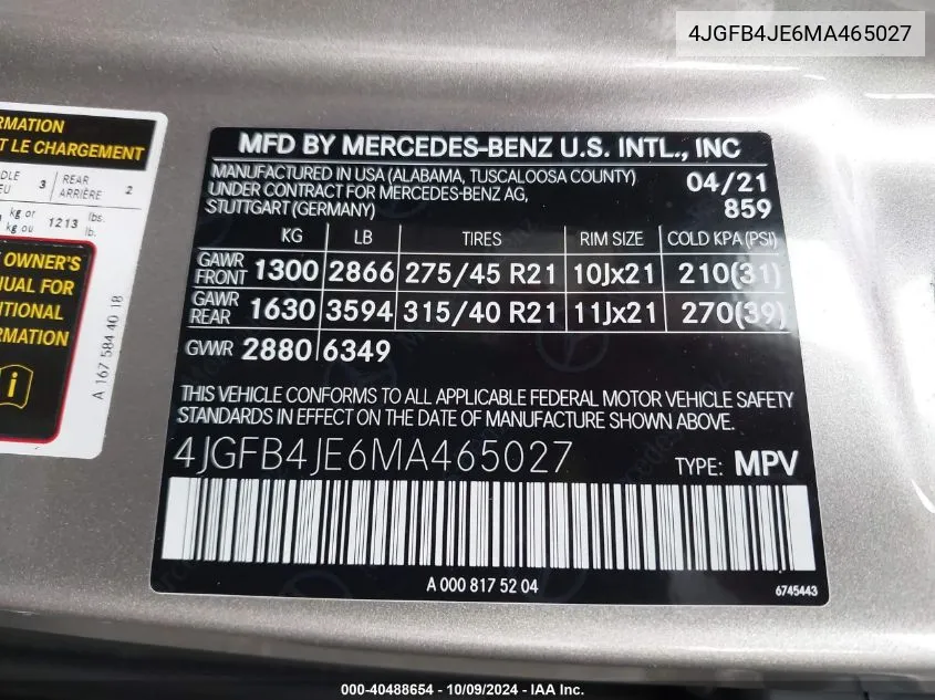 2021 Mercedes-Benz Gle 350 VIN: 4JGFB4JE6MA465027 Lot: 40488654