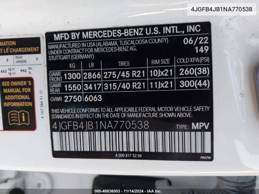 2022 Mercedes-Benz Gle 350 VIN: 4JGFB4JB1NA770538 Lot: 40836003