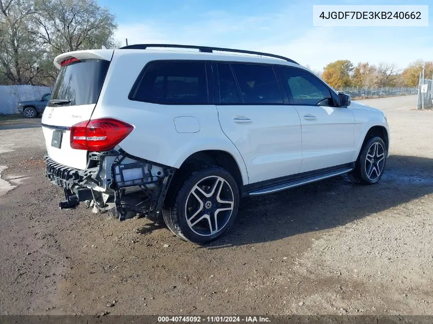 2019 Mercedes-Benz Gls 550 4Matic VIN: 4JGDF7DE3KB240662 Lot: 40745092