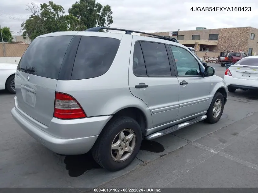 2000 Mercedes-Benz Ml 320 VIN: 4JGAB54EXYA160423 Lot: 40181162