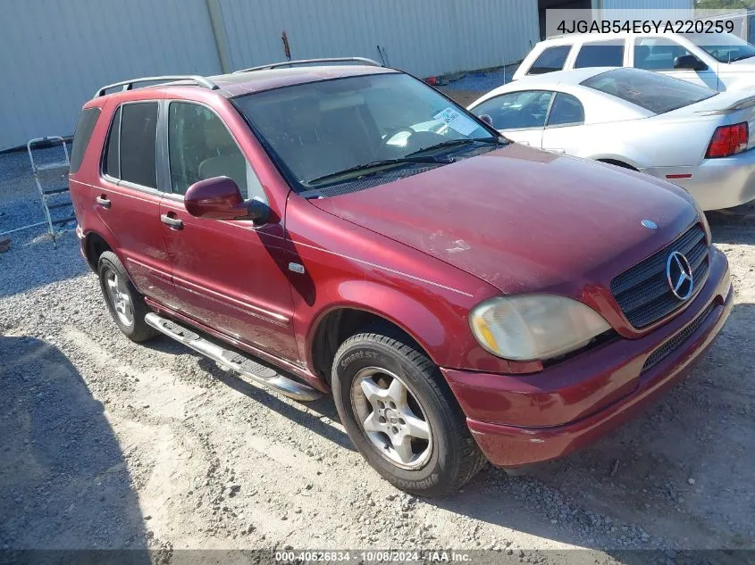 2000 Mercedes-Benz Ml 320 VIN: 4JGAB54E6YA220259 Lot: 40526834