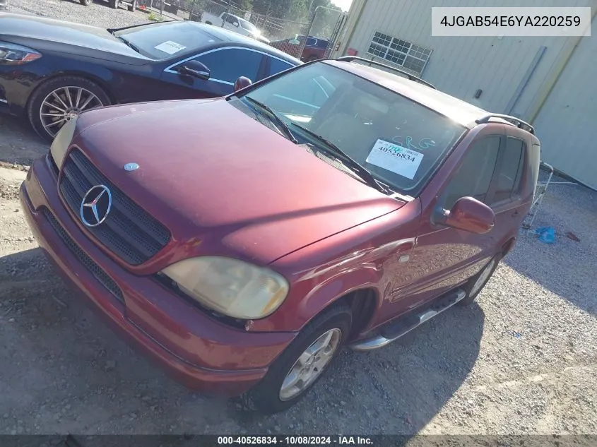 2000 Mercedes-Benz Ml 320 VIN: 4JGAB54E6YA220259 Lot: 40526834