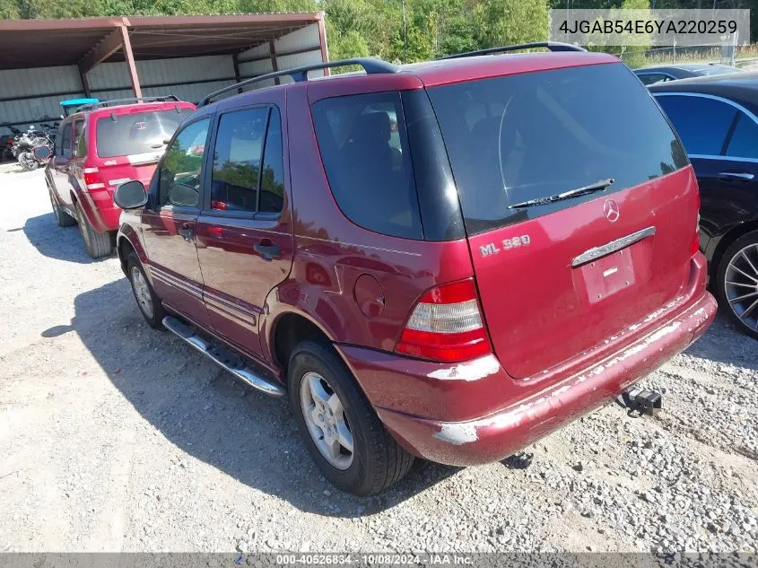 2000 Mercedes-Benz Ml 320 VIN: 4JGAB54E6YA220259 Lot: 40526834