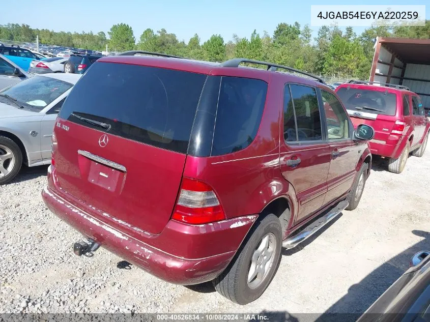 2000 Mercedes-Benz Ml 320 VIN: 4JGAB54E6YA220259 Lot: 40526834