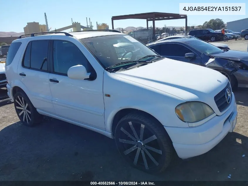 2000 Mercedes-Benz Ml 320 VIN: 4JGAB54E2YA151537 Lot: 40552566