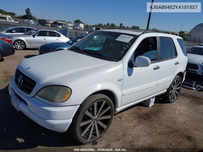 2000 Mercedes-Benz Ml 320 VIN: 4JGAB54E2YA151537 Lot: 40552566