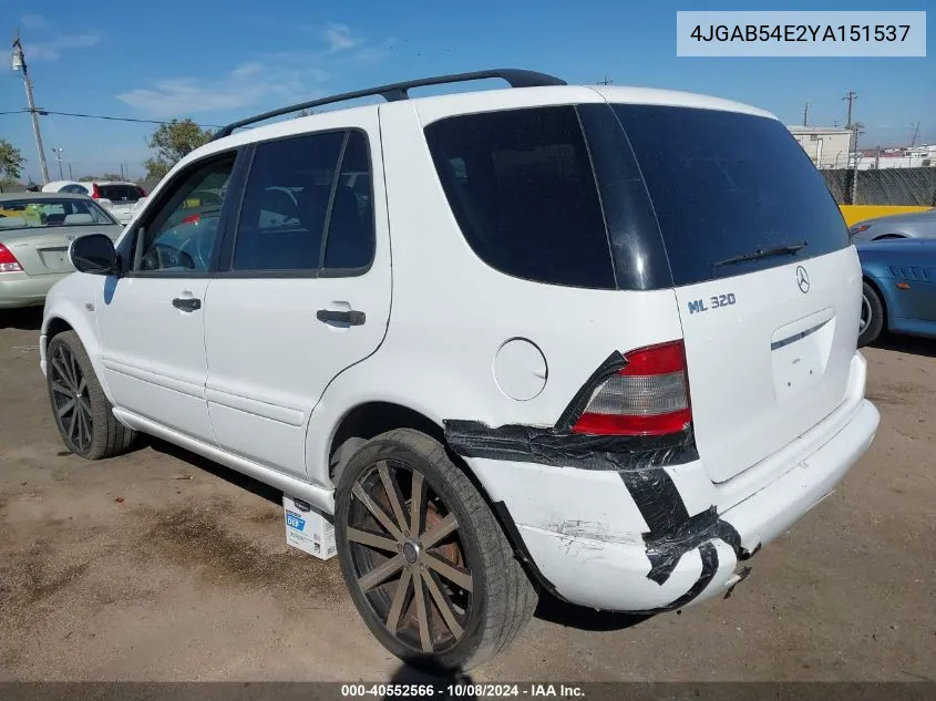 2000 Mercedes-Benz Ml 320 VIN: 4JGAB54E2YA151537 Lot: 40552566