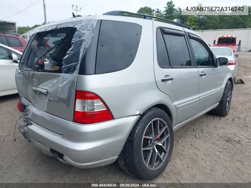 2002 Mercedes-Benz Ml 500 VIN: 4JGAB75E72A316242 Lot: 40436630