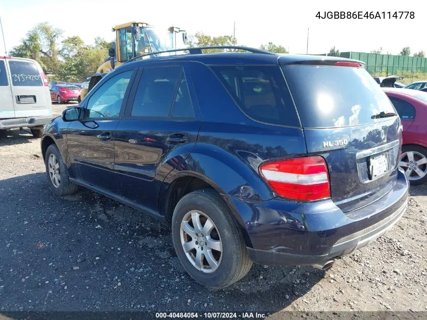 2006 Mercedes-Benz Ml 350 4Matic VIN: 4JGBB86E46A114778 Lot: 40484054