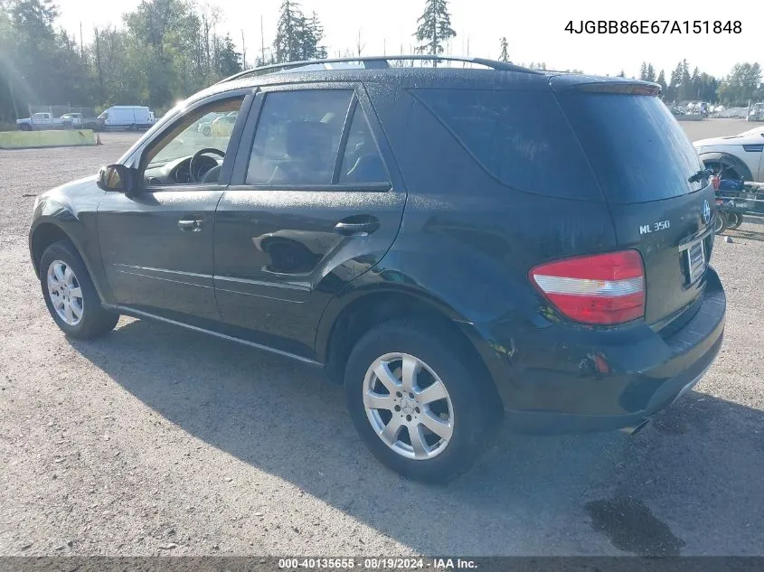 2007 Mercedes-Benz Ml 350 4Matic VIN: 4JGBB86E67A151848 Lot: 40135655