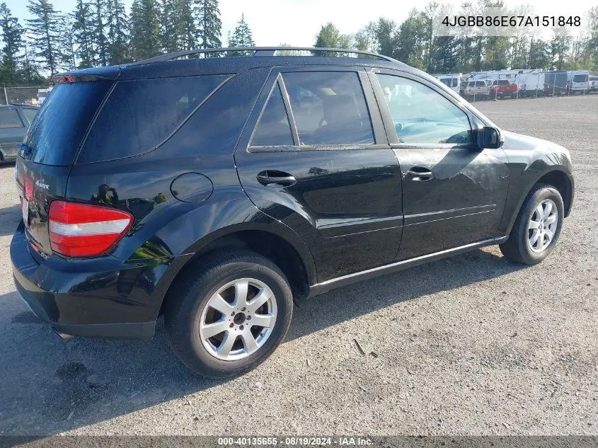 2007 Mercedes-Benz Ml 350 4Matic VIN: 4JGBB86E67A151848 Lot: 40135655