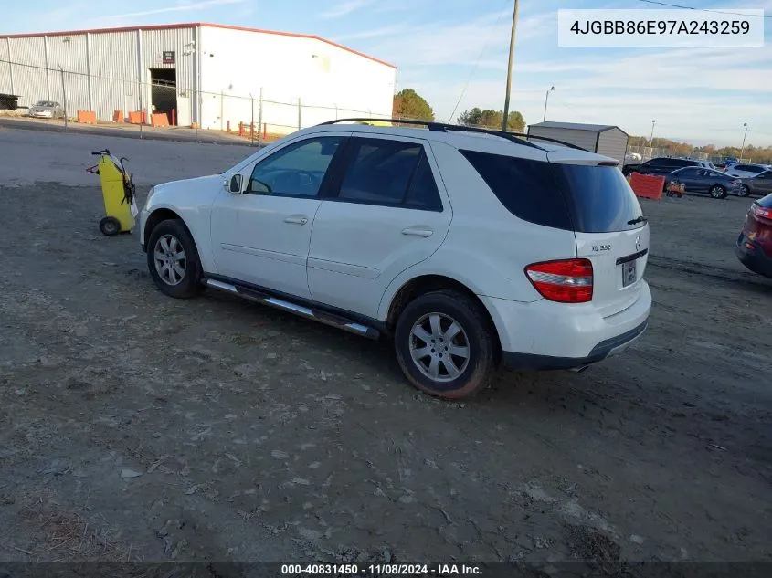 2007 Mercedes-Benz Ml 350 4Matic VIN: 4JGBB86E97A243259 Lot: 40831450