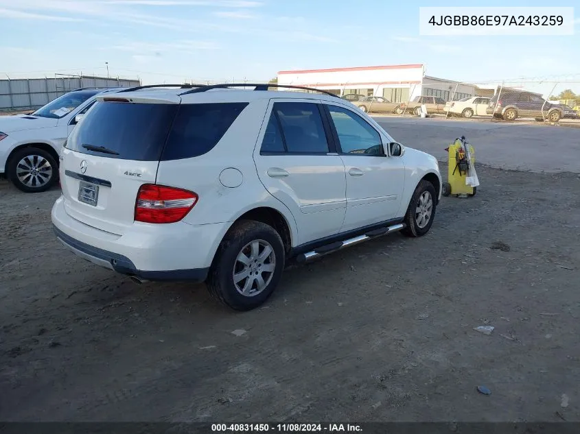 2007 Mercedes-Benz Ml 350 4Matic VIN: 4JGBB86E97A243259 Lot: 40831450