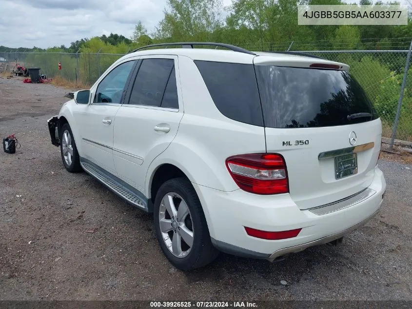 2010 Mercedes-Benz Ml 350 VIN: 4JGBB5GB5AA603377 Lot: 39926525