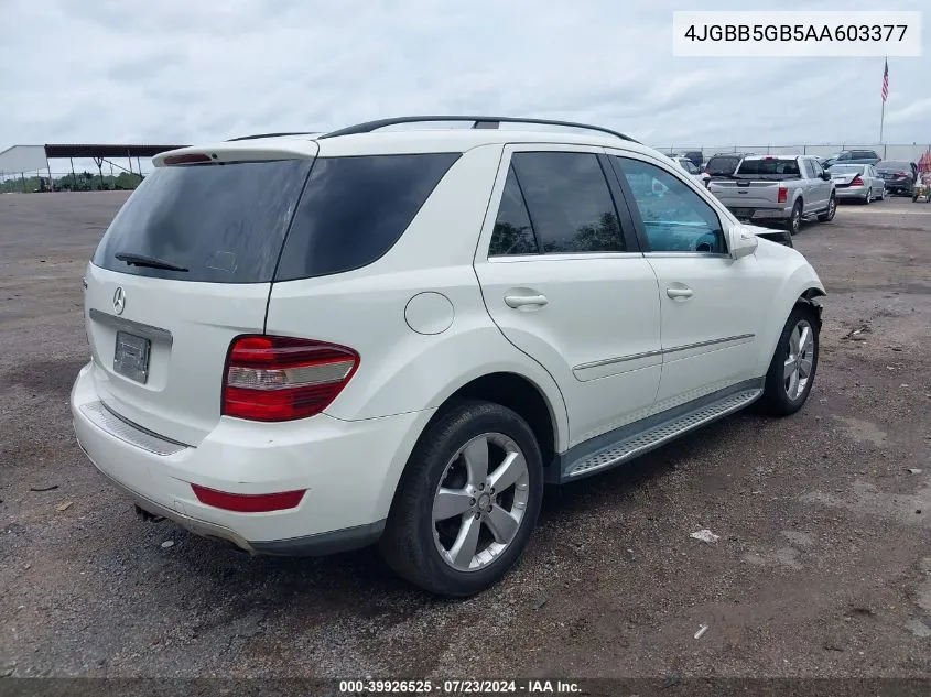 2010 Mercedes-Benz Ml 350 VIN: 4JGBB5GB5AA603377 Lot: 39926525