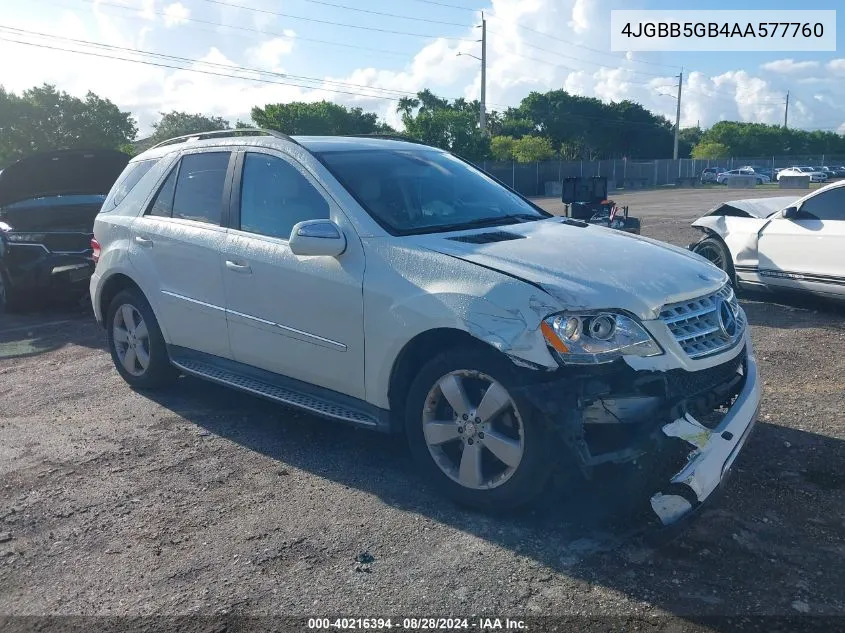 2010 Mercedes-Benz Ml 350 VIN: 4JGBB5GB4AA577760 Lot: 40216394