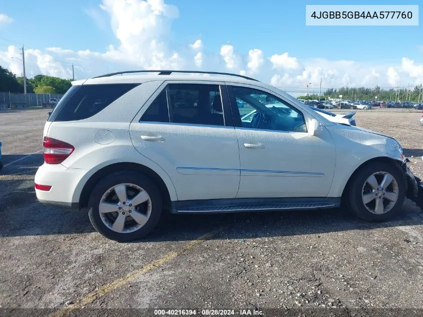 2010 Mercedes-Benz Ml 350 VIN: 4JGBB5GB4AA577760 Lot: 40216394