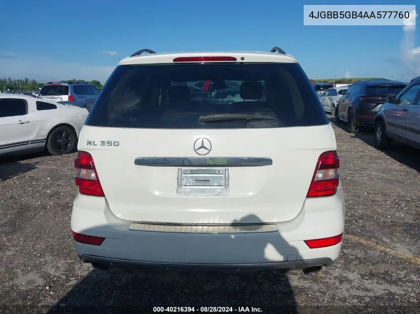 2010 Mercedes-Benz Ml 350 VIN: 4JGBB5GB4AA577760 Lot: 40216394