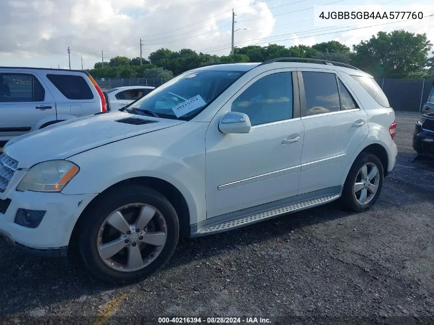 2010 Mercedes-Benz Ml 350 VIN: 4JGBB5GB4AA577760 Lot: 40216394