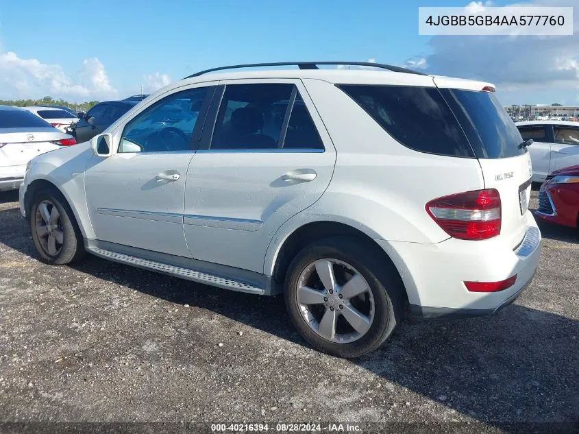 2010 Mercedes-Benz Ml 350 VIN: 4JGBB5GB4AA577760 Lot: 40216394