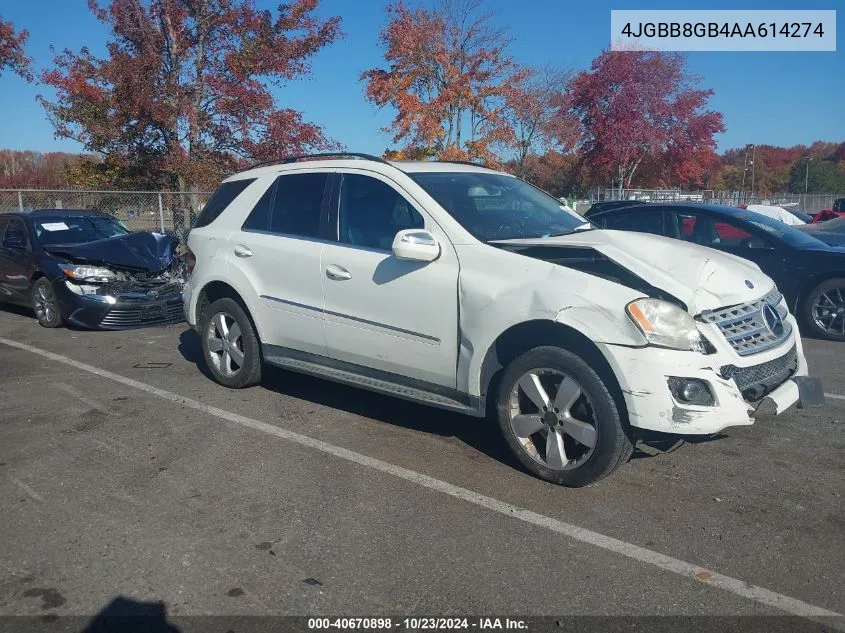 2010 Mercedes-Benz Ml 350 4Matic VIN: 4JGBB8GB4AA614274 Lot: 40670898