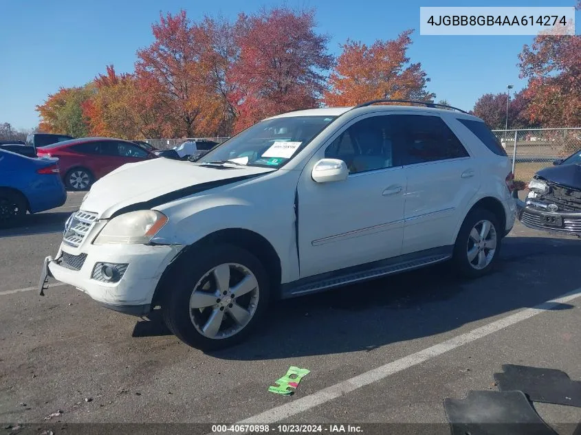 2010 Mercedes-Benz Ml 350 4Matic VIN: 4JGBB8GB4AA614274 Lot: 40670898