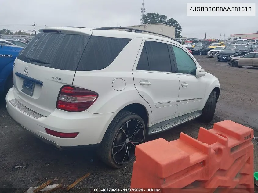 2010 Mercedes-Benz Ml 350 4Matic VIN: 4JGBB8GB8AA581618 Lot: 40779694