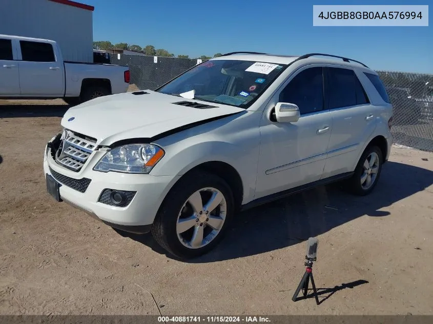 2010 Mercedes-Benz Ml 350 4Matic VIN: 4JGBB8GB0AA576994 Lot: 40881741