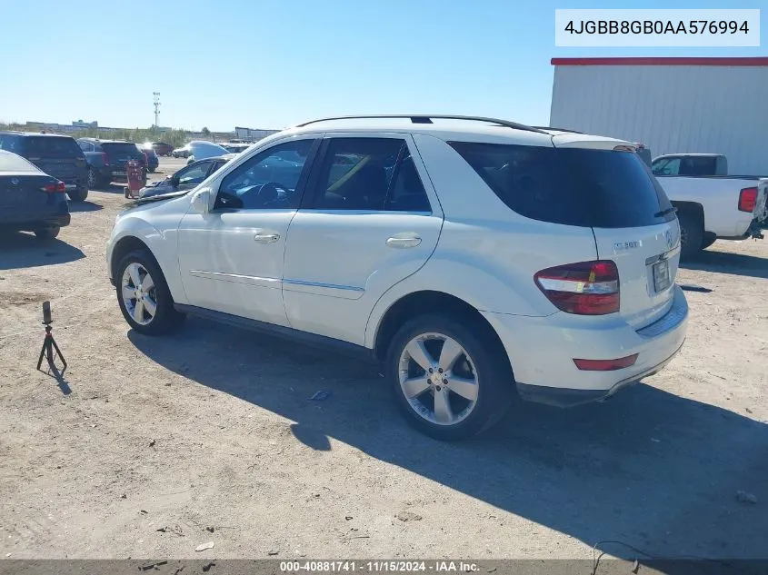 2010 Mercedes-Benz Ml 350 4Matic VIN: 4JGBB8GB0AA576994 Lot: 40881741