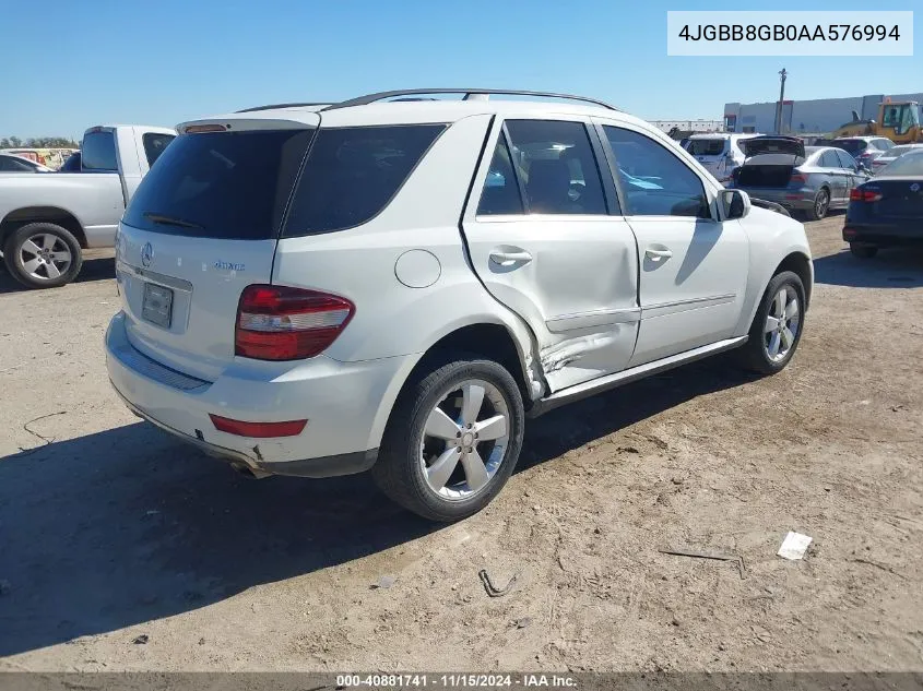 2010 Mercedes-Benz Ml 350 4Matic VIN: 4JGBB8GB0AA576994 Lot: 40881741