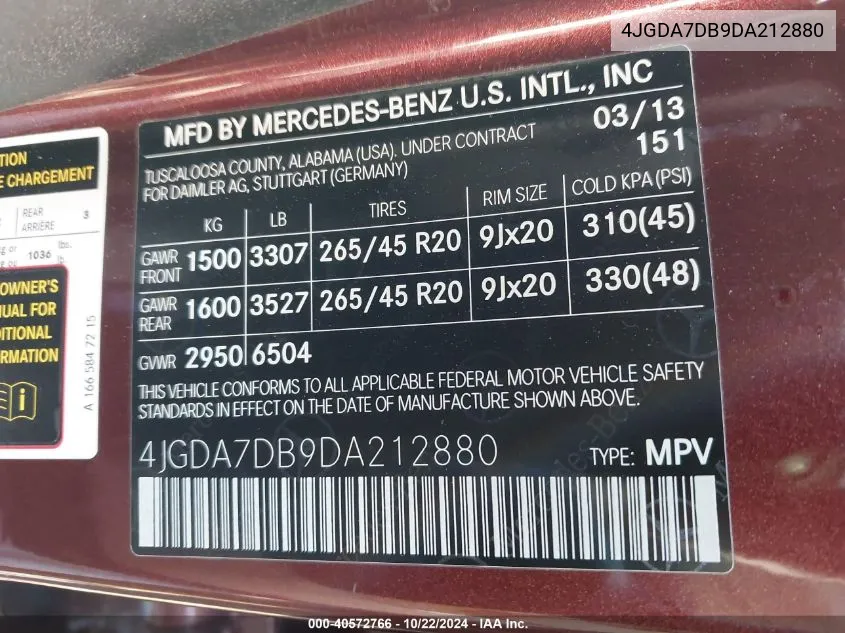 2013 Mercedes-Benz Ml 550 4Matic VIN: 4JGDA7DB9DA212880 Lot: 40572766