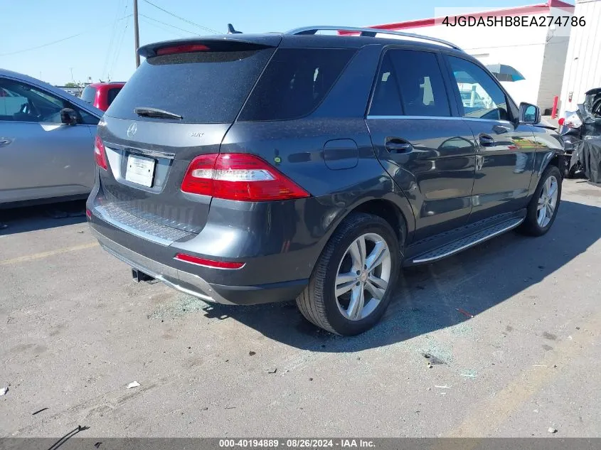 2014 Mercedes-Benz Ml 350 4Matic VIN: 4JGDA5HB8EA274786 Lot: 40194889