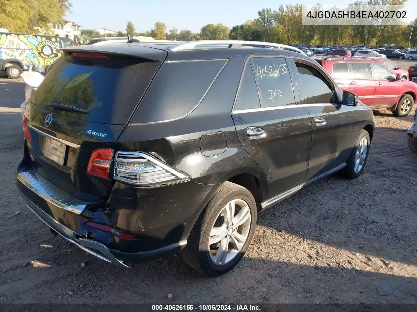 2014 Mercedes-Benz Ml 350 350 4Matic VIN: 4JGDA5HB4EA402702 Lot: 40526155